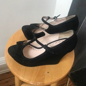 MIU MIU Suede T Strap Platform Wedges
